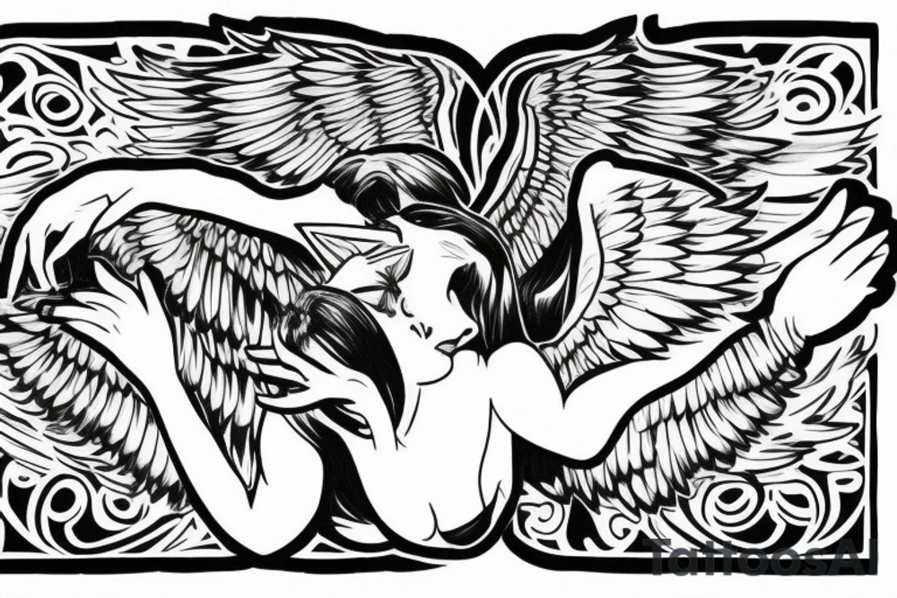 Female angel with wings descending from sky with a new born baby boy angel in her left arm tattoo idea