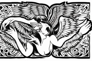 Female angel with wings descending from sky with a new born baby boy angel in her left arm tattoo idea