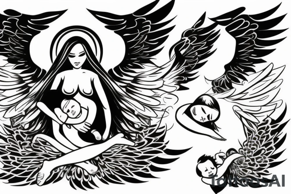 Female angel with wings descending from sky with a new born baby boy angel in her left arm tattoo idea