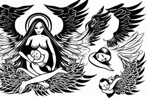 Female angel with wings descending from sky with a new born baby boy angel in her left arm tattoo idea