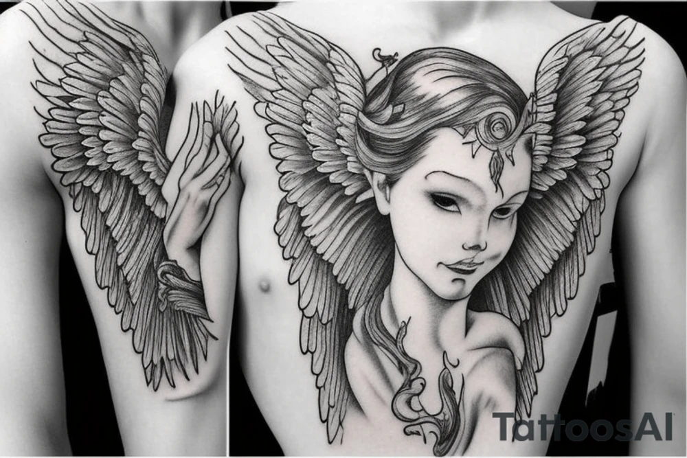 Female angel with wings descending from heaven with a baby angel in her left arm tattoo idea