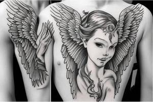 Female angel with wings descending from heaven with a baby angel in her left arm tattoo idea