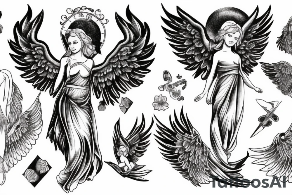 Female angel with wings descending from heaven with a baby angel in her left arm tattoo idea