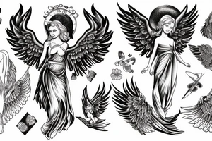 Female angel with wings descending from heaven with a baby angel in her left arm tattoo idea