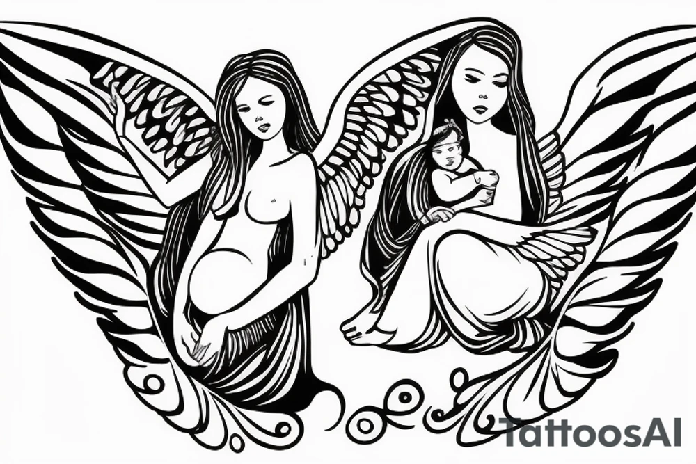 Female angel with wings descending from heaven with a baby angel in her left arm tattoo idea