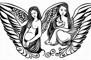 Female angel with wings descending from heaven with a baby angel in her left arm tattoo idea