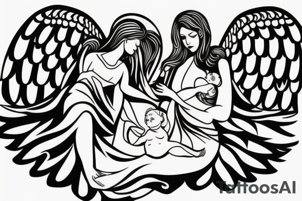 Female angel with wings descending from heaven with a baby angel in her left arm tattoo idea