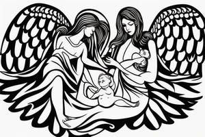 Female angel with wings descending from heaven with a baby angel in her left arm tattoo idea