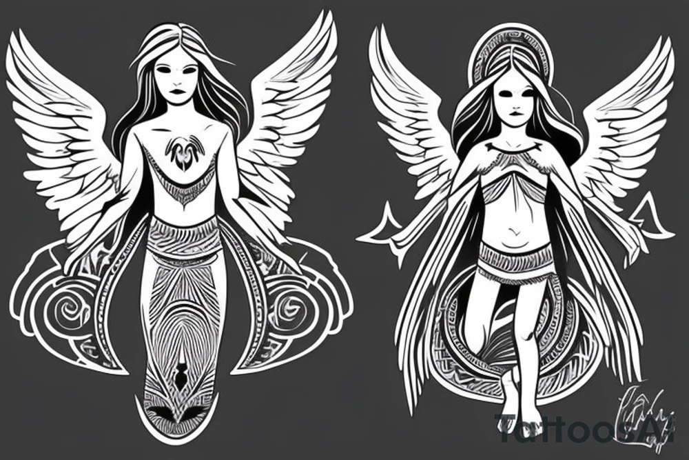 Female angel with wings descending from heaven with a baby angel in her left arm tattoo idea