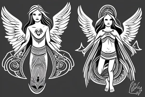 Female angel with wings descending from heaven with a baby angel in her left arm tattoo idea