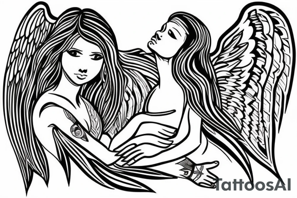 Female angel with wings descending from heaven with a baby angel in her left arm tattoo idea