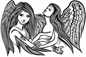 Female angel with wings descending from heaven with a baby angel in her left arm tattoo idea