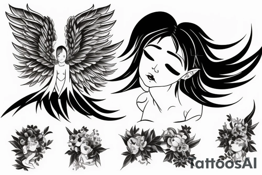 Female angel with wings descending from heaven with a baby angel in her left arm tattoo idea