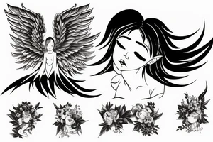 Female angel with wings descending from heaven with a baby angel in her left arm tattoo idea
