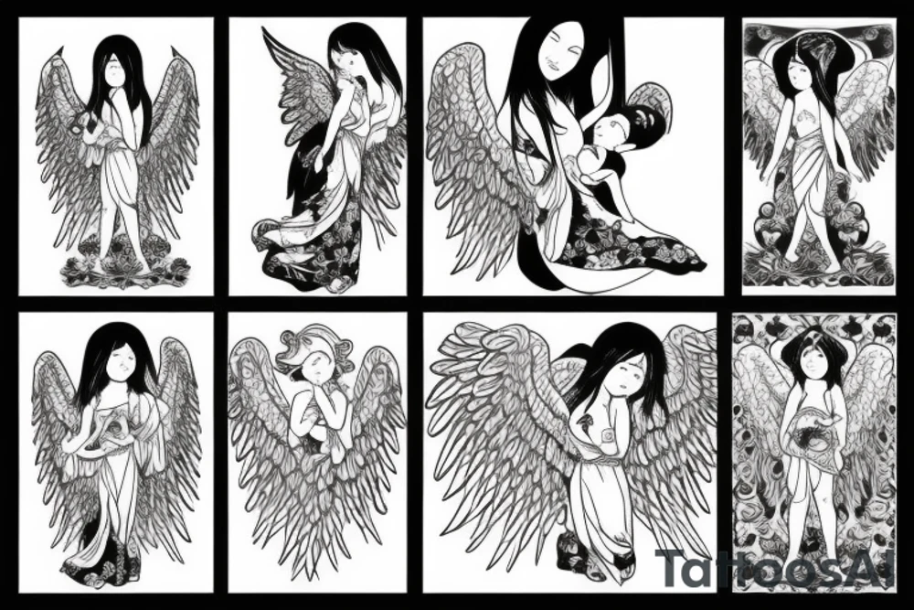 Female angel with wings descending from heaven with a baby angel in her left arm tattoo idea