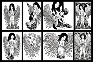 Female angel with wings descending from heaven with a baby angel in her left arm tattoo idea