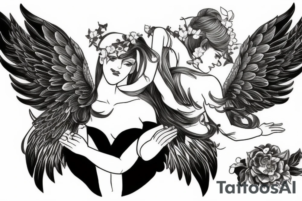 Female angel with wings descending from heaven tattoo idea