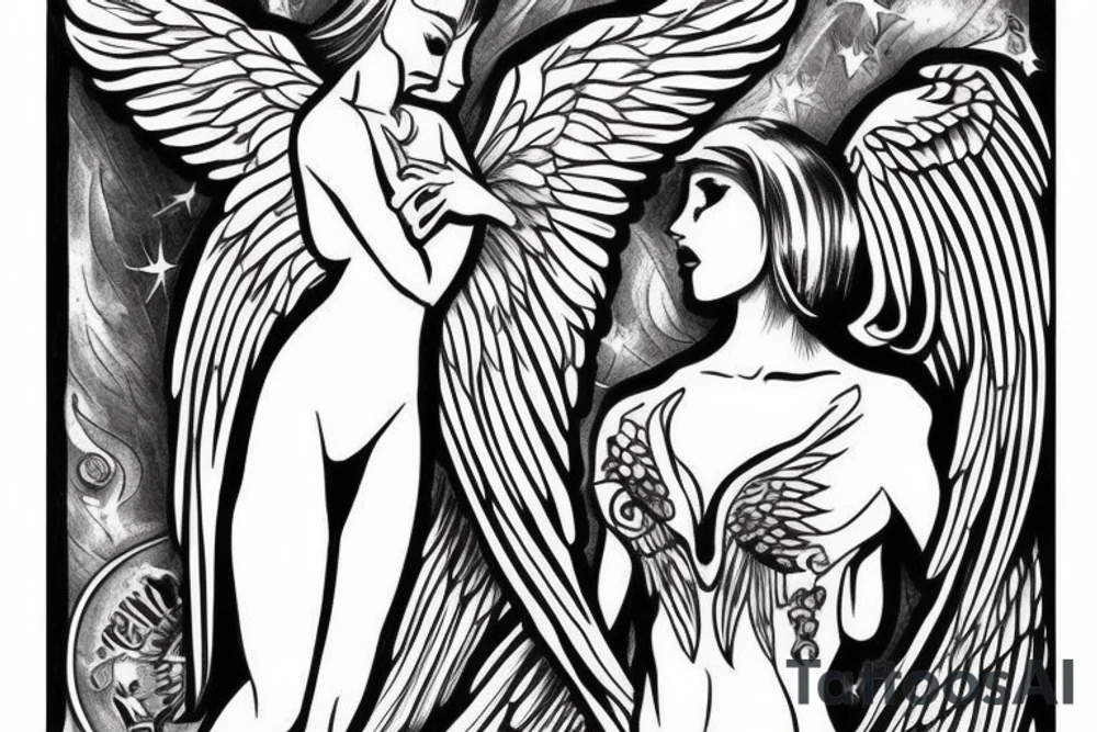 Female angel with wings descending from heaven tattoo idea