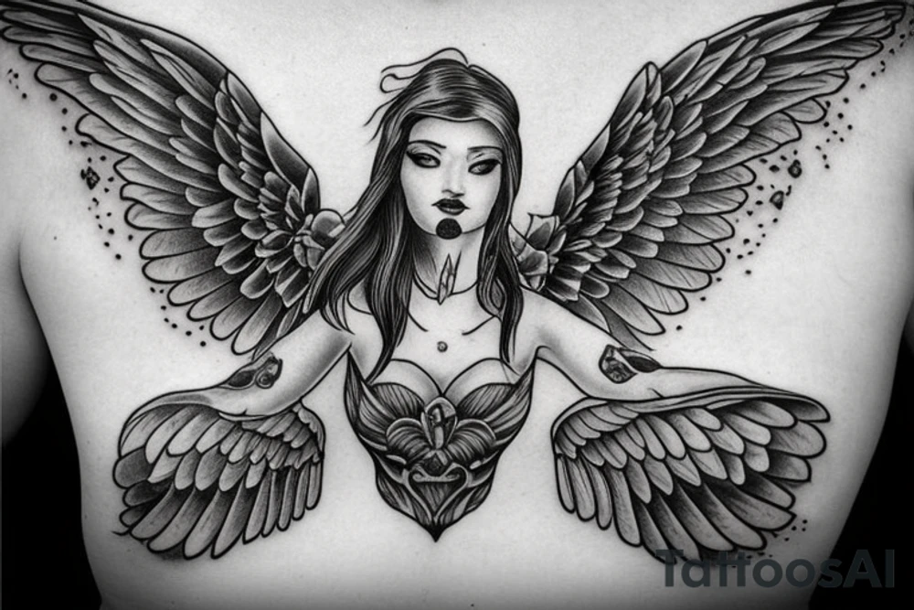 Female angel with wings descending from heaven tattoo idea