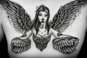 Female angel with wings descending from heaven tattoo idea