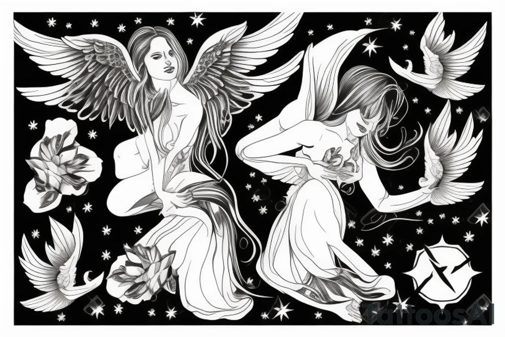 Female angel with wings descending from heaven tattoo idea