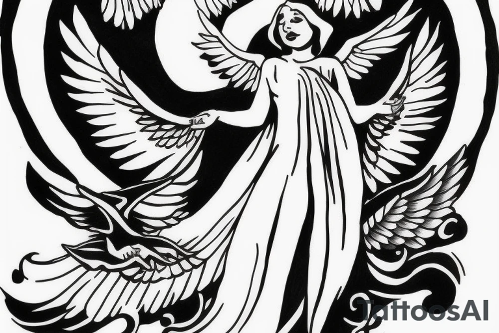 mother angel with wings flying down from heaven tattoo idea