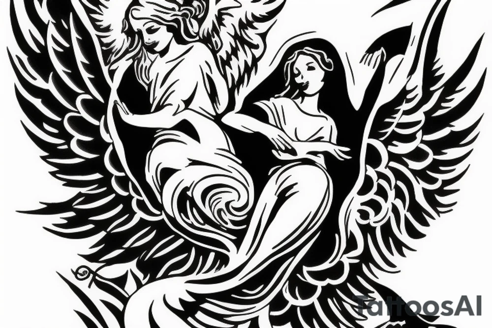 mother angel with wings flying down from heaven tattoo idea