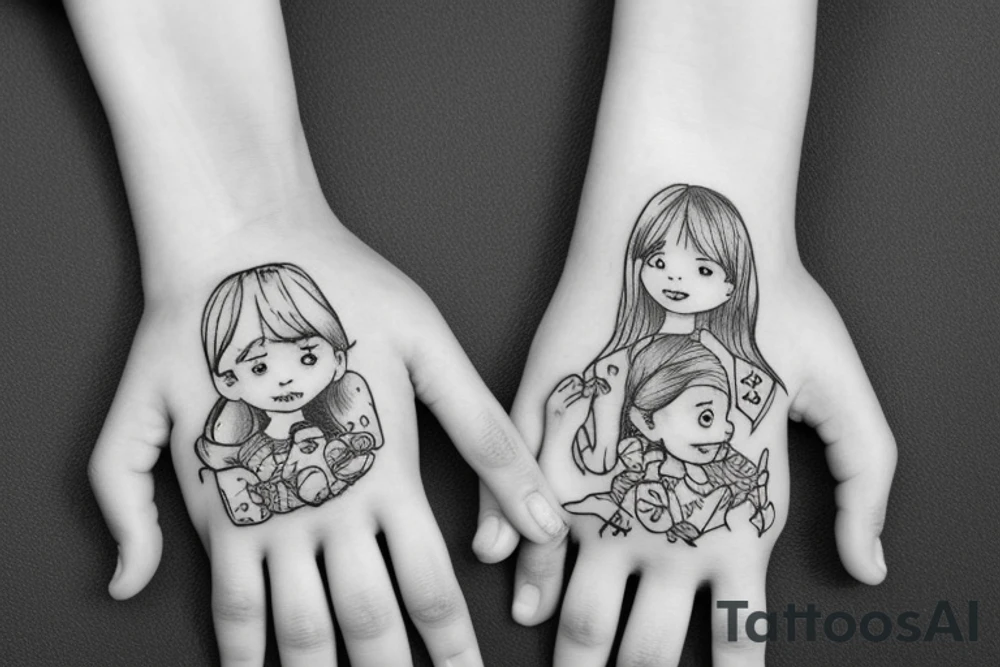8 year old girl holding hand of 6 year old boy walking tattoo idea