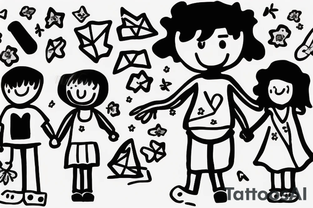 8 year old girl holding hand of 6 year old boy walking on a path tattoo idea