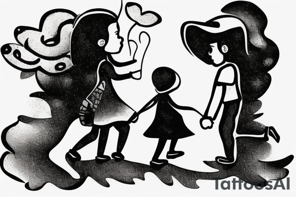 8 year old girl holding hand of 6 year old boy walking on a path tattoo idea