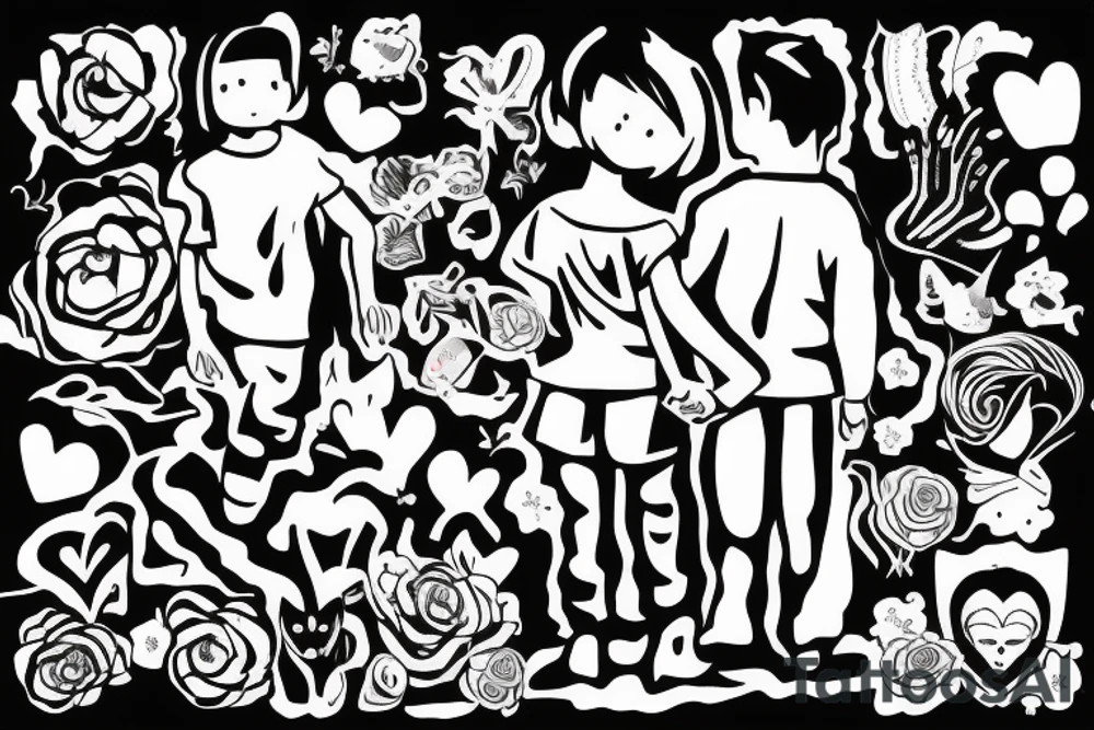 8 year old girl holding hand of 6 year old boy walking on a path tattoo idea