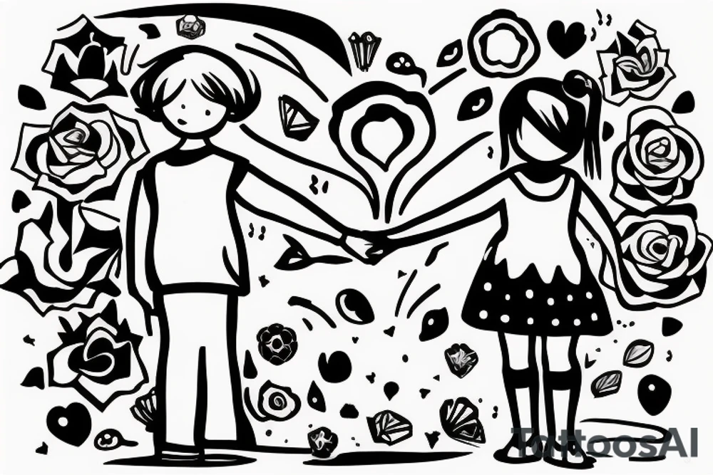 8 year old girl holding hand of 6 year old boy walking on a path tattoo idea
