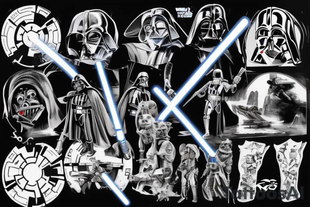 Star wars fight scene with grunge look, everything black and white except the light sabers tattoo idea
