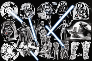 Star wars fight scene with grunge look, everything black and white except the light sabers tattoo idea