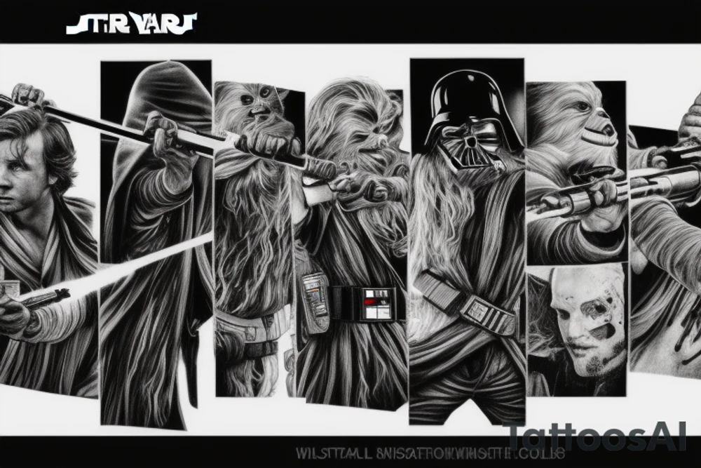 Star wars fight scene with grunge look, everything black and white except the light sabers tattoo idea