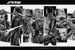 Star wars fight scene with grunge look, everything black and white except the light sabers tattoo idea