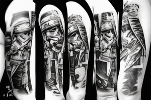 Star wars fight scene with grunge look, everything black and white except the light sabers tattoo idea