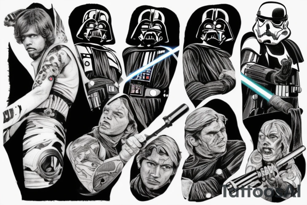 Star wars fight scene with grunge look, everything black and white except the light sabers tattoo idea
