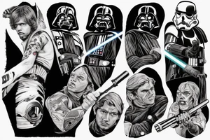 Star wars fight scene with grunge look, everything black and white except the light sabers tattoo idea