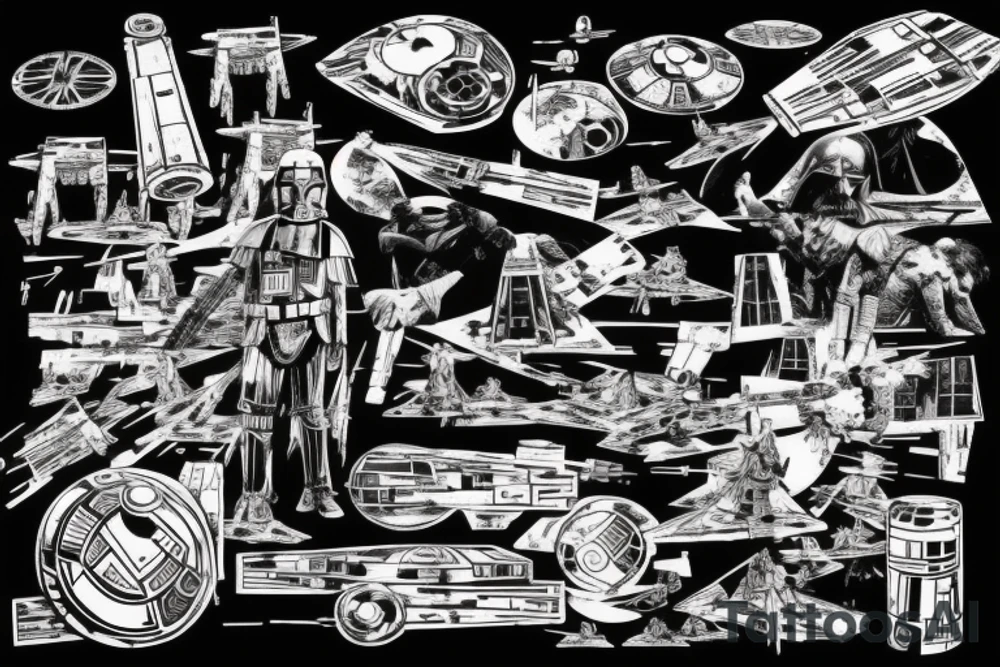 Star wars fight scene with grunge look, everything black and white except the light sabers on my left chest and shoulder tattoo idea