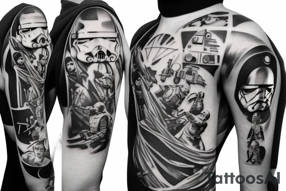 Star wars fight scene everything black and white except the light sabers on my left chest and shoulder tattoo idea