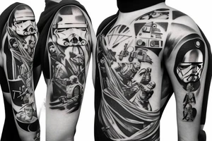 Star wars fight scene everything black and white except the light sabers on my left chest and shoulder tattoo idea