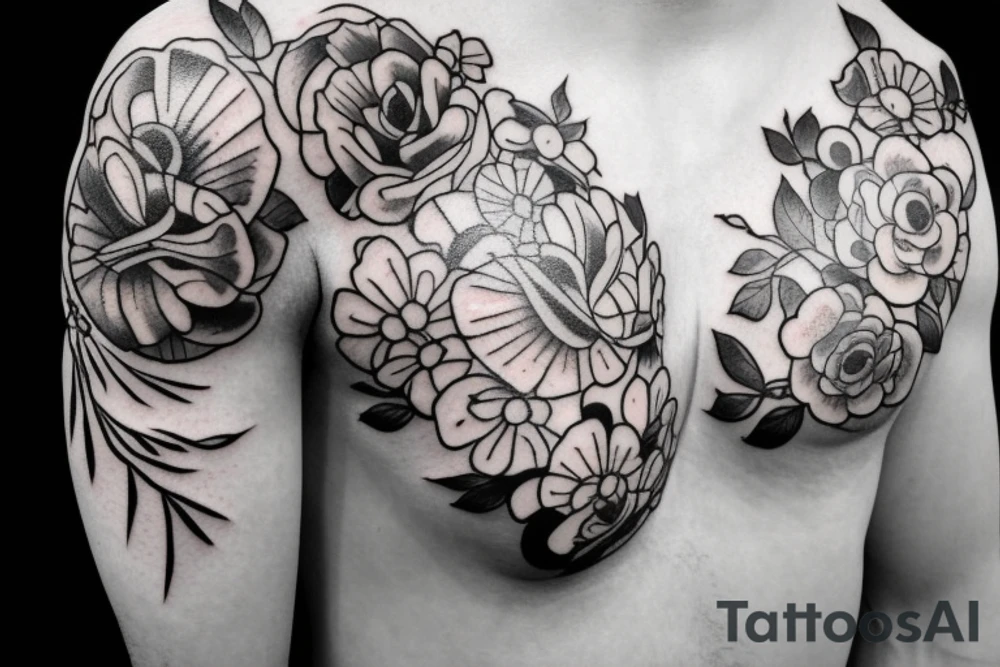 Shoulder and chest flowers tattoo idea