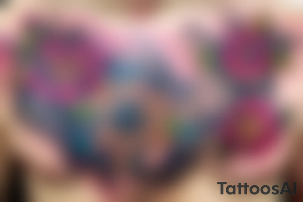 Shoulder and chest flowers colour tattoo idea