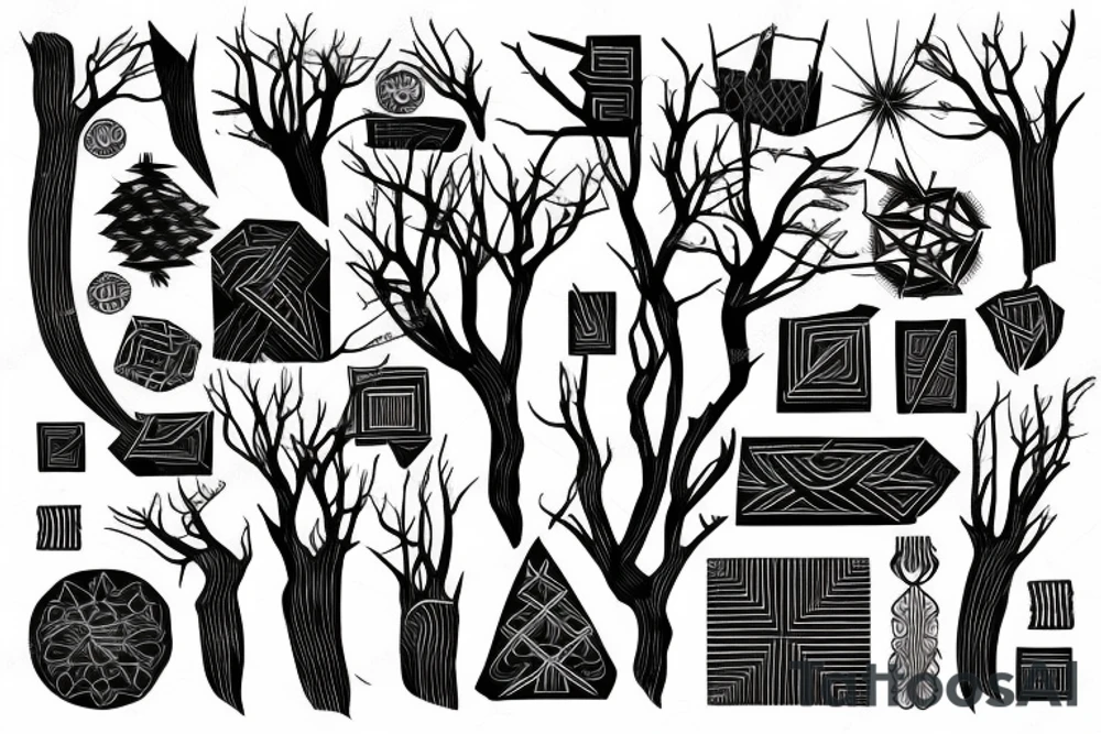 Dark tree roots with items woven in tattoo idea