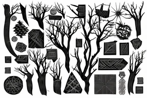 Dark tree roots with items woven in tattoo idea