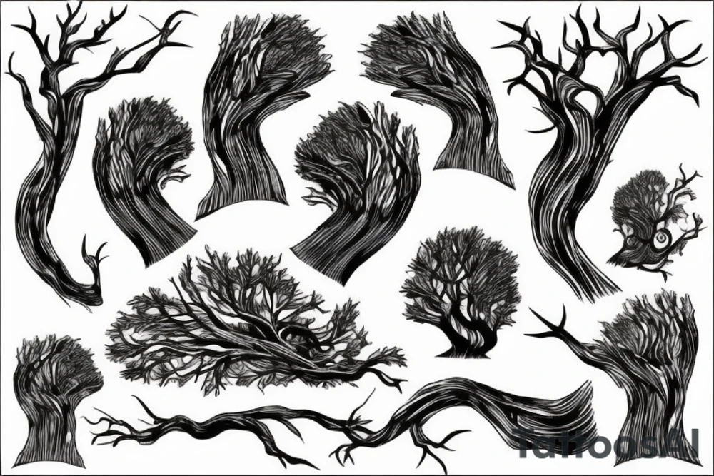 Dark tree roots with items woven in tattoo idea