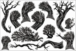 Dark tree roots with items woven in tattoo idea