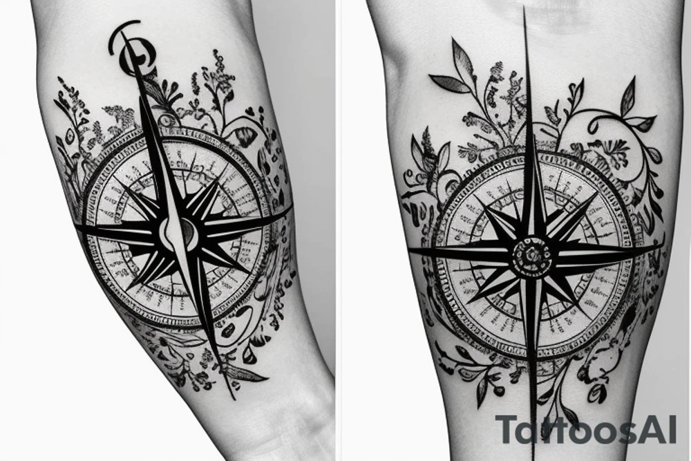 Vintage Compass with flowers tattoo idea