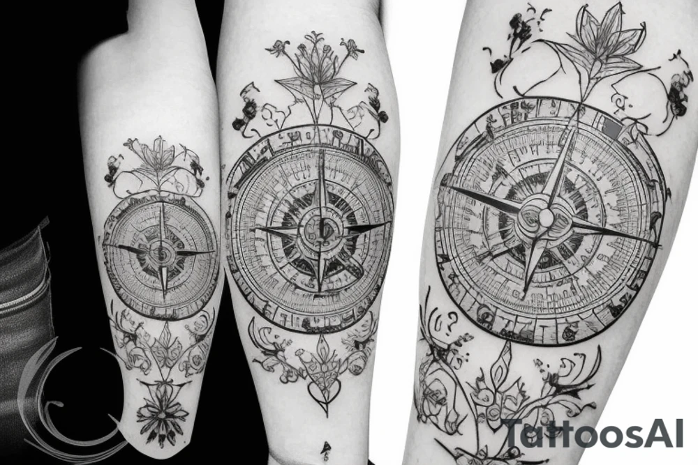 Vintage Compass with flowers tattoo idea